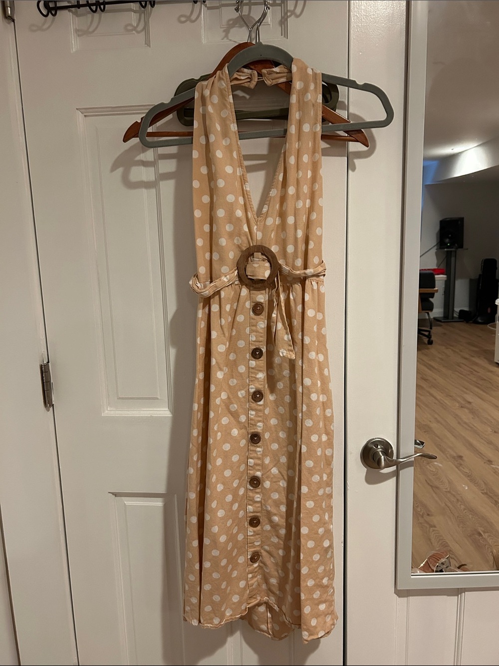 Polka Dot Halter Midi Dress in Peach- Deep V, Flattering low back